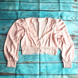 Open Edit cropped blush pink lace trim satin blouse size medium